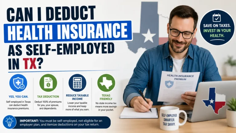 Self-employed man in Texas reviewing health insurance documents and tax deduction information for healthcare premium savings.