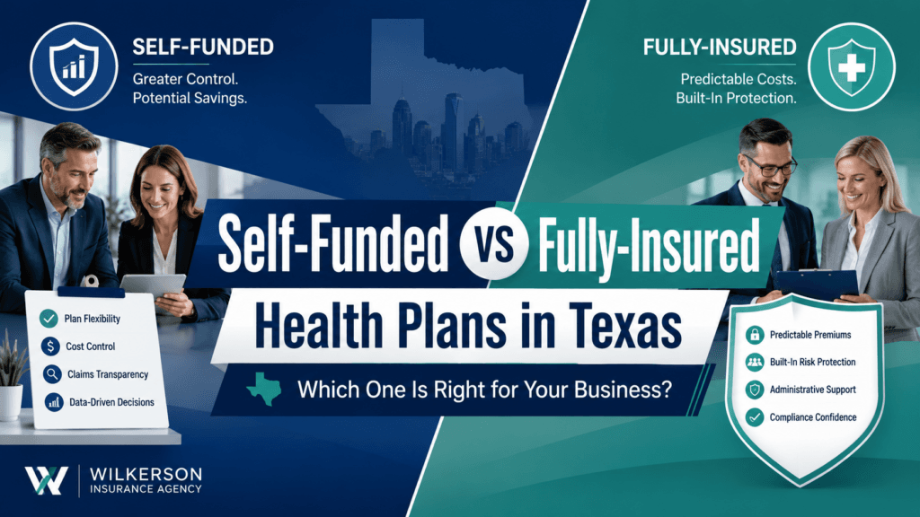 Business professionals comparing self funded and fully insured health plans in Texas for employer insurance decisions.