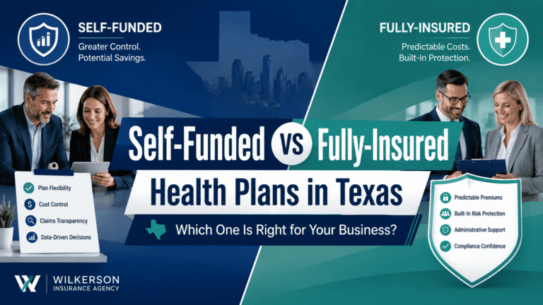 Business professionals comparing self funded and fully insured health plans in Texas for employer insurance decisions.