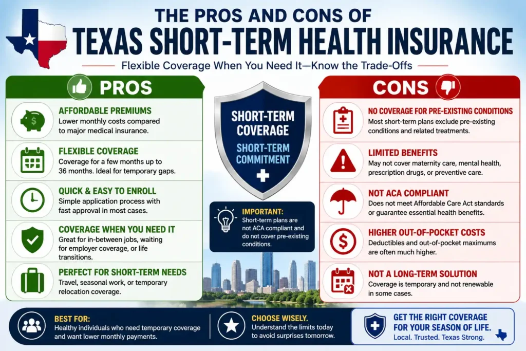 Infographic showing the pros and cons of Texas short-term health insurance including costs, benefits, and coverage limitations.